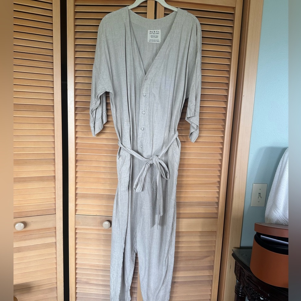 Avy & Co Linen Button-Front Jumpsuit with Tie Waist